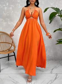 SOLERSUN Crisscross Tie Backless Halter Swing Dress Maxi Women Outfit - Burnt Orange - View 6