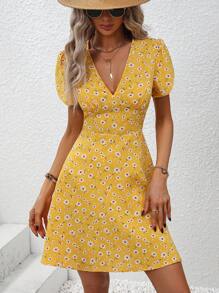 Breezaya Vestido y falda de escote en V con estampado floral pequeño para verano, conjunto de ropa de playa y vacaciones para mujeres