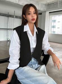 DAZY 春秋季休闲纯色宽肩带西装马甲商务装 - 黑色 - 查看 3