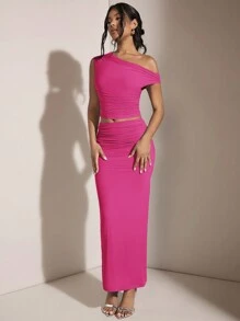 SHEIN BAE Ladies' Fashionable Solid Color Short Sleeve Top And Maxi Skirt Set
