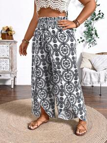 SHEIN Clasi Fashionable Plus Size Women Summer Pants With Split And Lace Trim Beach - Multicolor - View 3