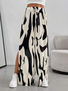 SHEIN Essnce Women Summer Boho Street Fashion Side High Slit Color Block Printed Pleated Wide Leg Baggy Pants