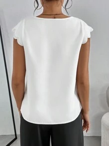 SHEIN Essnce Women Casual V-Neck Cap Sleeve Shell Edge Burnout Floral Top White Shirt - White - View 2