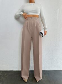 SHEIN Cottnline Casual Solid Color Pleated High Waist Straight Leg Pants - Mocha Brown - View 5