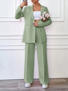EURMUSE 2pcs Casual Solid Color Jacket And Pants Suit, Spring Autumn - Green - View 1