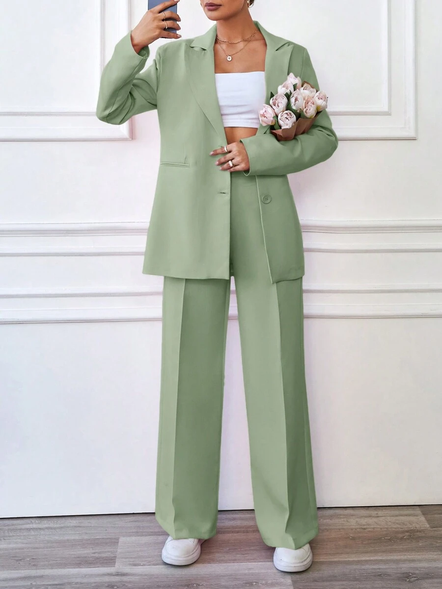 EURMUSE 2pcs Casual Solid Color Jacket And Pants Suit, Spring Autumn - Green - View 1
