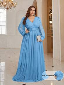 SHEIN Belle 腰帶裝飾深V領閃亮面料大尺碼伴娘禮服 - 藍色 - 查看 3