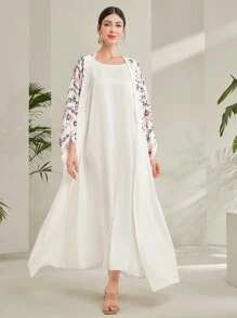 Al Najma 女士花卉印花蝙蝠袖素雅阿拉伯长袍 - 杏色 - 查看 5