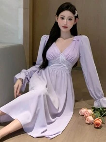 DAZY 女性蕾絲拼接蝴蝶結詳情蝴蝶結裝飾波浪袖優雅夜gown - 淡紫色 - 查看 1