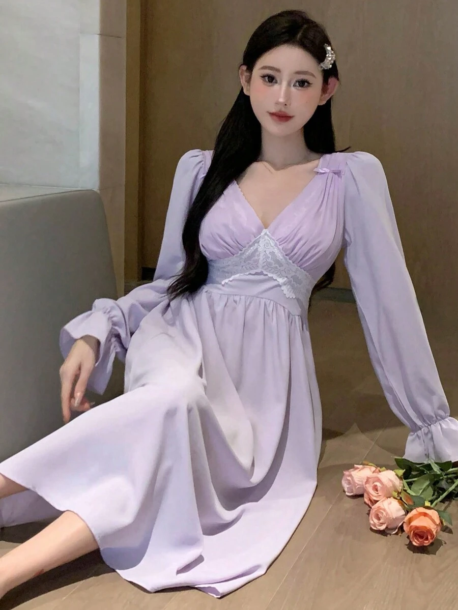 DAZY 女性蕾絲拼接蝴蝶結詳情蝴蝶結裝飾波浪袖優雅夜gown - 淡紫色 - 查看 1