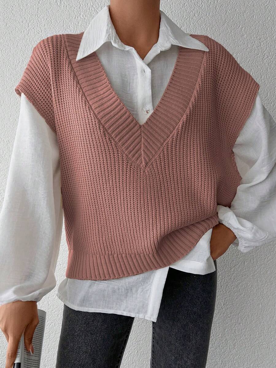 SHEIN Cottnline Màu thuần Đồ đan Ribbed Áo len vest Với - Bụi hồng - Xem 1