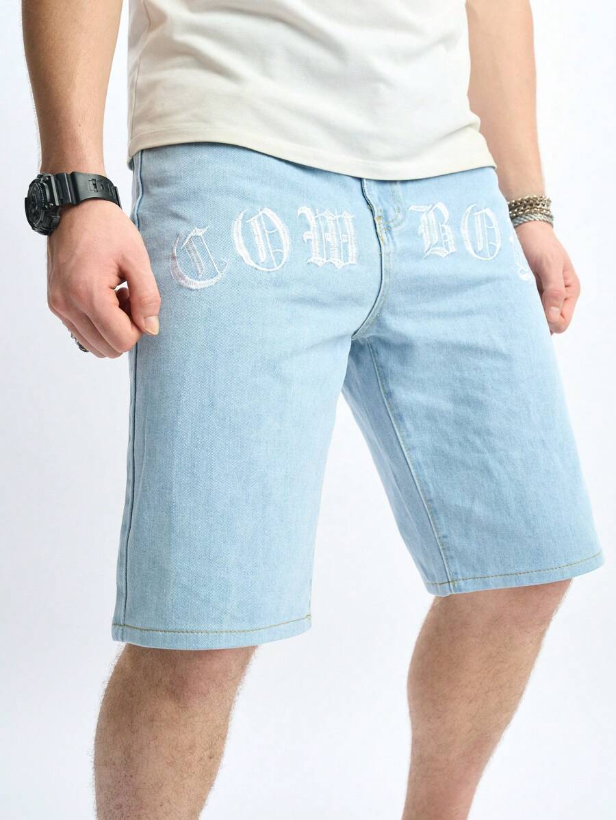 Manfinity Hypemode Quần short denim Bermuda giản dị dành cho nam có túi in chữ - Màu xanh lam - Xem 1