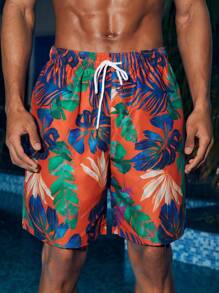 Manfinity Men Vacation Leisure Plant Printed Swim Trunks For Pool And Beach