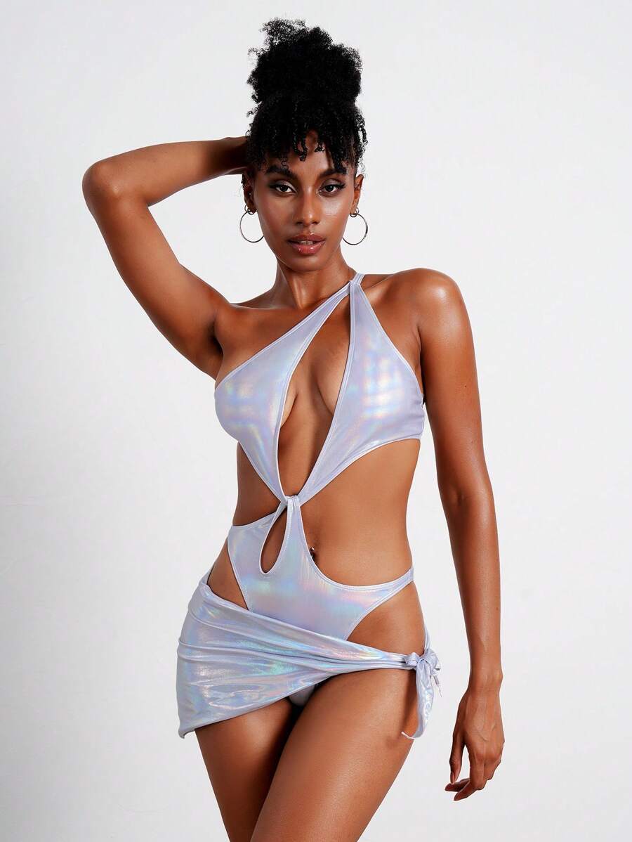 Swim EVENT 女士性感镂空不对称肩部连体泳衣带罩裙夏季 - 銀色 - 查看 1