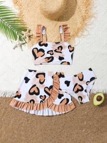 Young Girl Heart Print Ruffle Trim Bikini Set Summer Beach