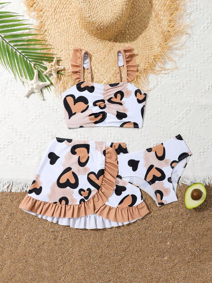 Young Girl Heart Print Ruffle Trim Bikini Set Summer Beach