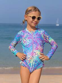 SHEIN Tween Girl Leopard Print Zipper Front Ruffle Trim One Piece Swimsuit