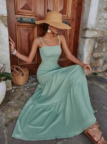 SHEIN Cottnline Long Dress With Ribbon Detail On The Back - Mint Green - View 5