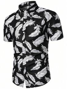 Camisa masculina de manga curta com estampa de folhas de árvore na moda - Preto - Visão 1