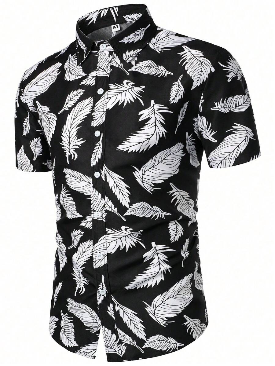 Camisa masculina de manga curta com estampa de folhas de árvore na moda - Preto - Visão 1