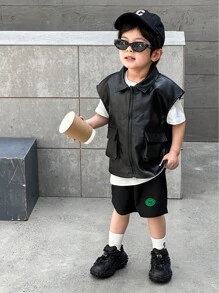 SHEIN 3pcs/Set Young Boy Street Style Sleeveless Zipper Leather Pocket Vest, Patch Label Shorts, And Solid Round Neck T-Shirt, Casual Comfortable Outfit Suitable For Spring And Summer Outdoor Scenes And Styling