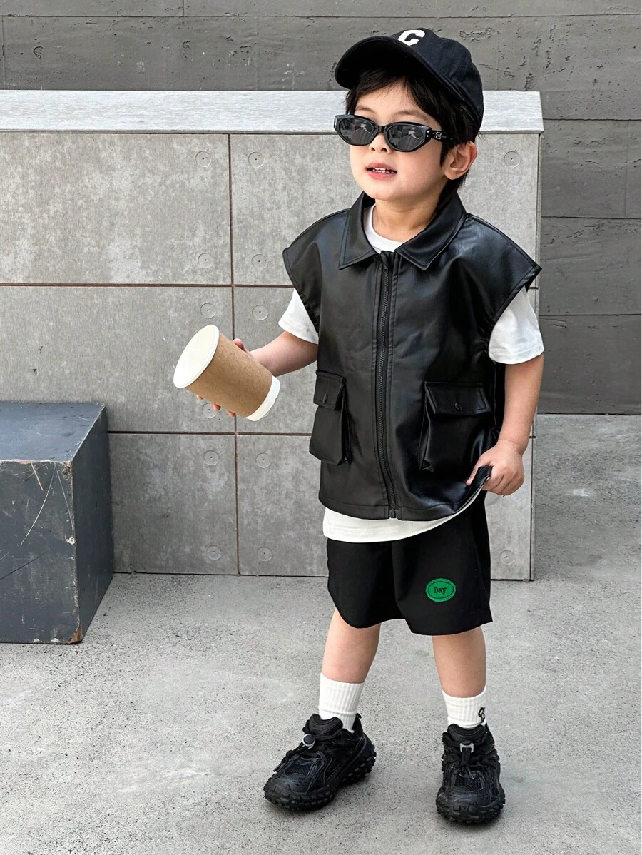 SHEIN 3pcs/Set Young Boy Street Style Sleeveless Zipper Leather Pocket Vest, Patch Label Shorts, And Solid Round Neck T-Shirt, Casual Comfortable Outfit Suitable For Spring And Summer Outdoor Scenes And Styling