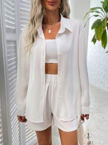 SHEIN LUNE Conjunto de 2 piezas de camisa y shorts versátil de moda para mujer en verano - Blanco - Ver 1