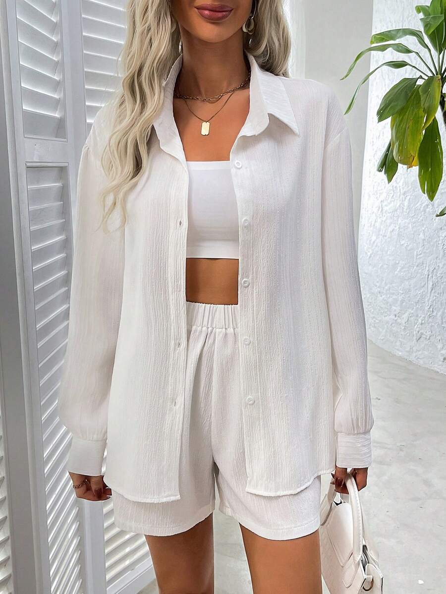 SHEIN LUNE Conjunto de 2 piezas de camisa y shorts versátil de moda para mujer en verano - Blanco - Ver 1