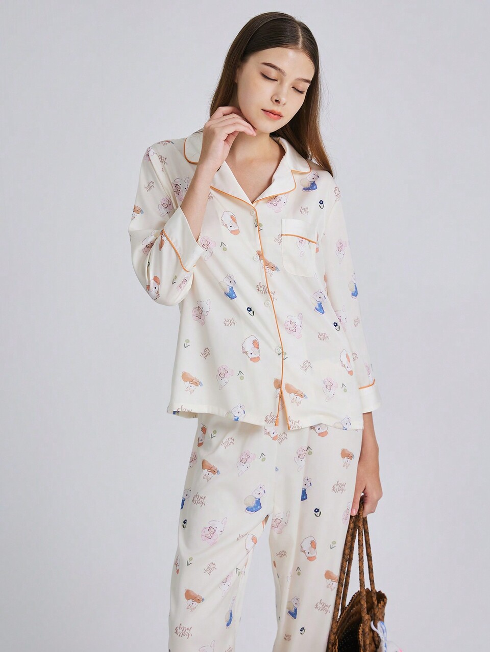 Women Cartoon Printed Long Sleeve Long Pants Pajama Set For Spring And Autumn
