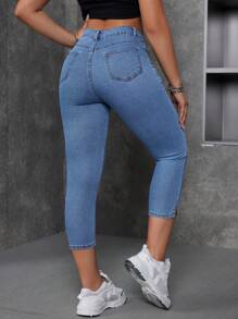 SHEIN EZwear Quần Jeans Capri Ôm Vừa Vặn Thường Ngày Cho Nữ Có Đường Xẻ Bên Và Túi - Màu xanh lam - Xem 3