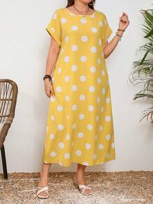 EMERY ROSE Plus-Size Polka Dot Printed Batwing Sleeve Holiday Casual Dress - Yellow - View 4