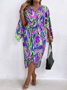 SHEIN Clasi Plus Size Casual Cà Vạt In Áo Cape Tay Tập Hợp Đầm Quấn Eo Cho Mùa Xuân/Hè - Màu tím - Xem 1
