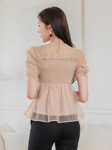 DAZY Áo Sơ Mi Nữ Cổ Tròn Ngắn Tay Màu Trơn - Hồng - Xem 5