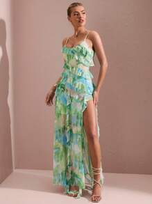 SHEIN BAE Ladies' Sweet Printed Mesh Spaghetti Strap Long Dress With High Side Slits And Ruffle Hemline, Perfect For Beach Vacation - Green - View 4