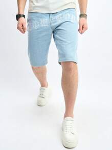 Manfinity Hypemode Quần short denim Bermuda giản dị dành cho nam có túi in chữ - Màu xanh lam - Xem 5