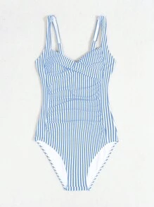 SHEIN Swim 女式條紋無鋼圈連體泳衣，細肩帶設計，夏日海灘度假必備，修身版型 - 彩色 - 查看 6