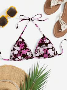 SHEIN Swim 女士夏季海灘簡約花卉印花領口背心比基尼上衣 - 彩色 - 查看 1