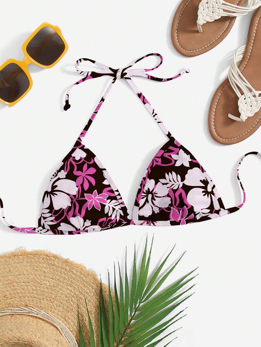 SHEIN Swim 女士夏季海灘簡約花卉印花領口背心比基尼上衣 - 彩色 - 查看 1