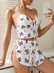 Women Summer Butterfly Printed Front Tie Strap Camisole And Split Hem Shorts Sexy Sleepwear Set Pajama Set White Set