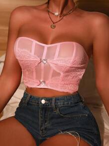 Women's Lace Splice Mesh Strapless Bralette, Lingerie - Pink - View 5