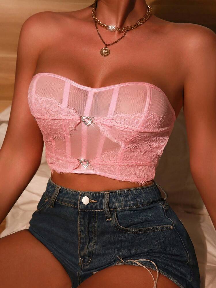 Women's Lace Splice Mesh Strapless Bralette, Lingerie