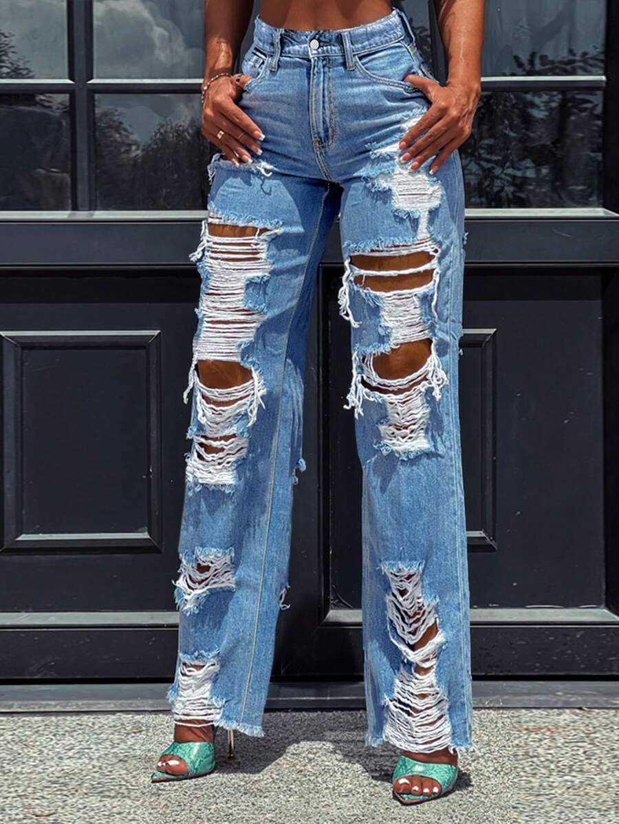 Distressed Frayed Hem Straight Leg Jeans - Light Wash - View 1