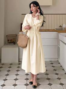 DAZY Ladies' Solid Color Lantern Sleeve Drawstring Waist Dress,Ruffle - Apricot - View 6