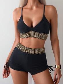 SHEIN Swim Summer Beach Women Vacation Splice Woven Strap Simple And Fashionable Bikini Set With Separable Bikini Set