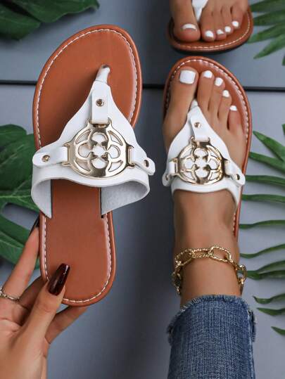 Women Black Flat Sandals With Round Buckle, Flip Flops With Toe Ring, Solid Color Open Toe Non-Slip Slippers, For Outdoor And Indoor Use