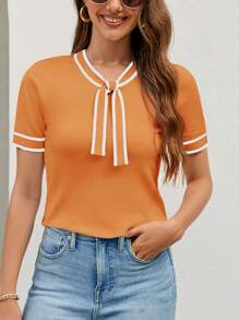 SHEIN Clasi Women's Spring/Summer Striped Knitted Top With Knot Detail Neckline Old Money Outfits - Burnt Orange - View 3