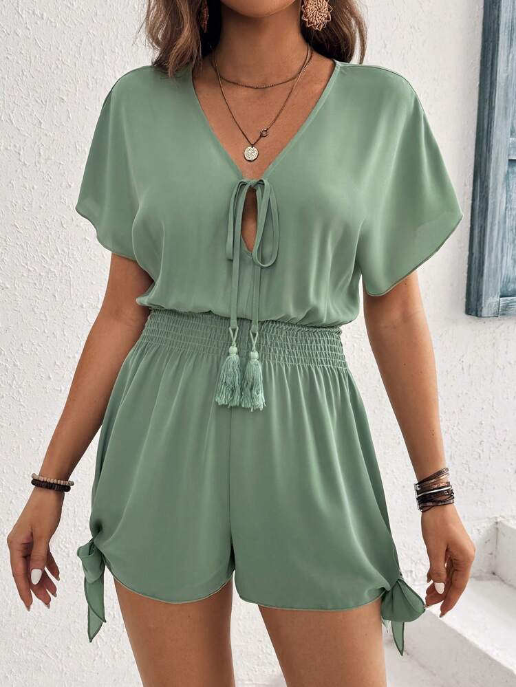 Ladies' Simple Summer Casual Tie Waist Batwing Sleeve Romper