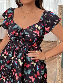 SHEIN Holidaya Plus Size Kỳ nghỉ Giải trí Váy in hình bướm có eo thon và cổ áo dễ thương - màu đen - Xem 5