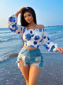 VaVaBold Damen Off-Shoulder Große Blumen Lässig Urlaubs Sommer Bluse