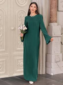 EURMUSE Robe décontractée pour femme en couleur unie à manches cloche et col rond - Militaire verte - Voir 3